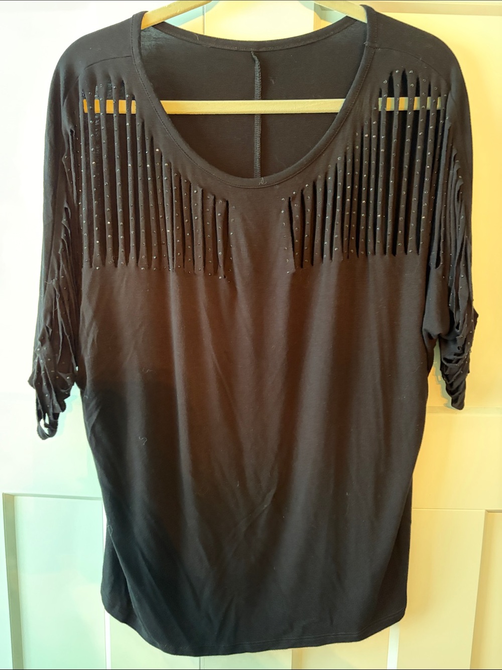 Vocal Black Short Sleeve Top with Cutout Fringe and Studs